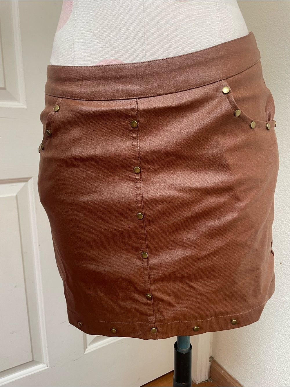 Brown Faux Leather Studded Mini Skirt